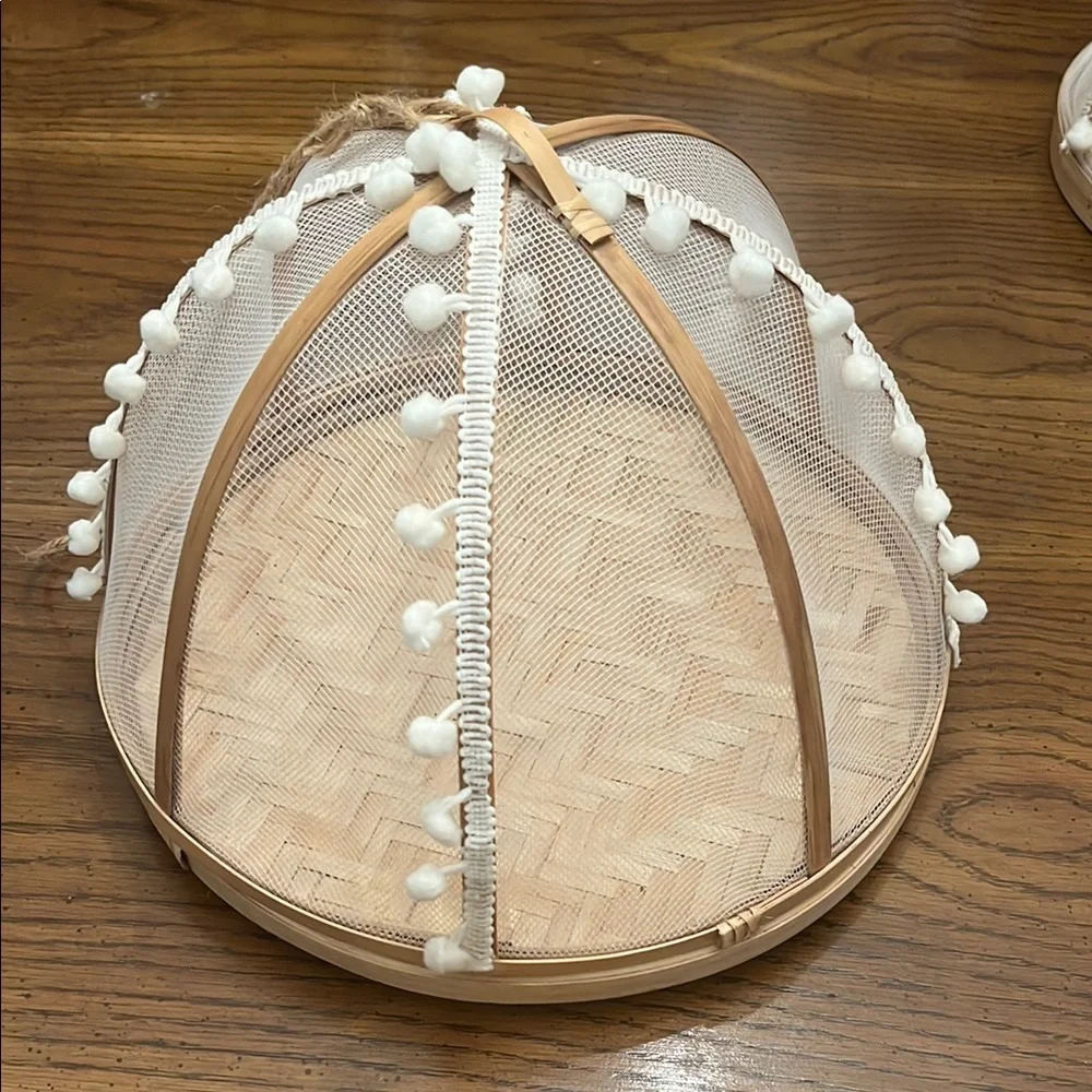 Bamboo‎ Food Covers with White Pom Poms
